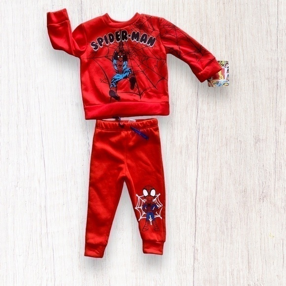 MARVEL Spider Man Comic Sweatshirt Jogger Pajama Set Fleece Crew Neck NWT - Picture 1 of 10